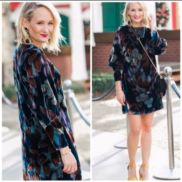 NWT Ann Taylor Velvet Dress Black Brown Floral Cuffed Elegant Vintage Fall Tunic - Picture 1 of 14